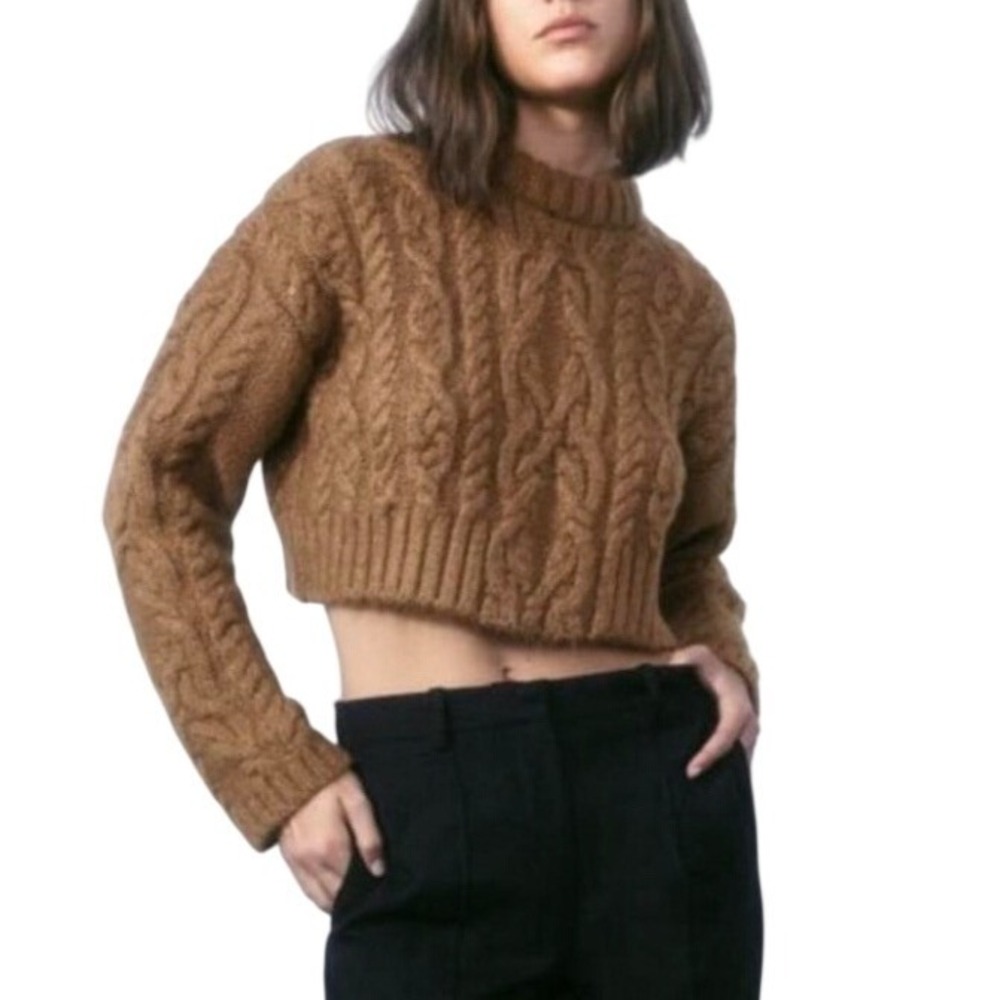 Zara Womens Brown Chunky Cable Knit Cropped Sweater Size M Granola Fisherman